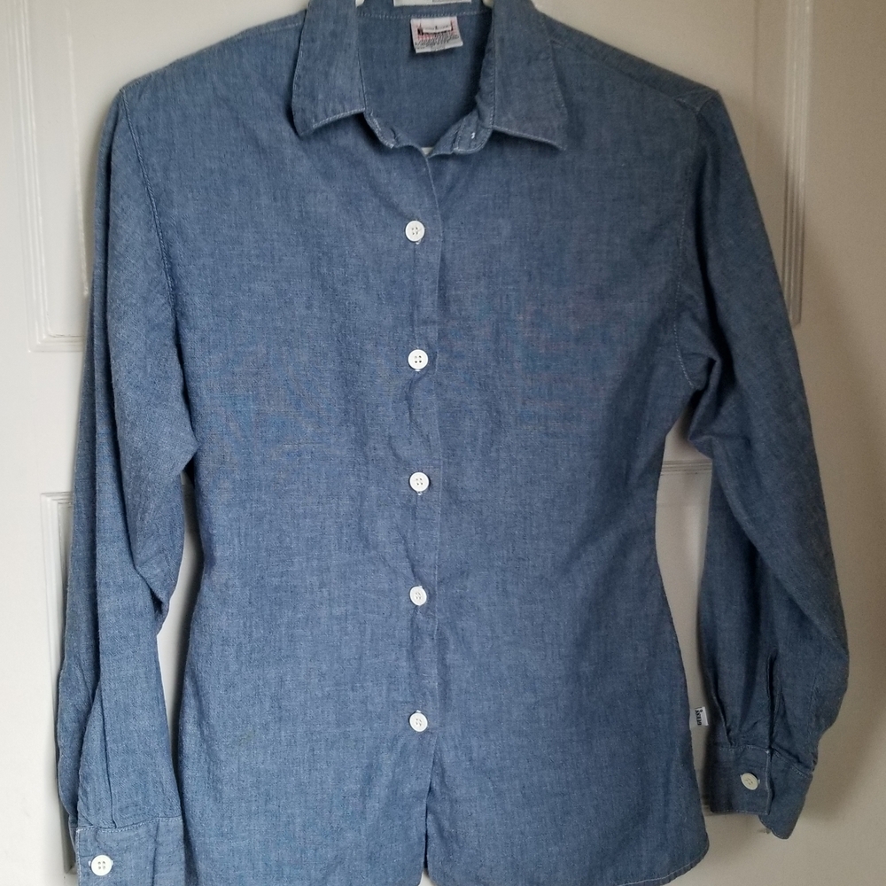 Vtg 80s Georges Marchiano Guess Blue Chambray Logo Button-Down Fitted Shirt Sz 1